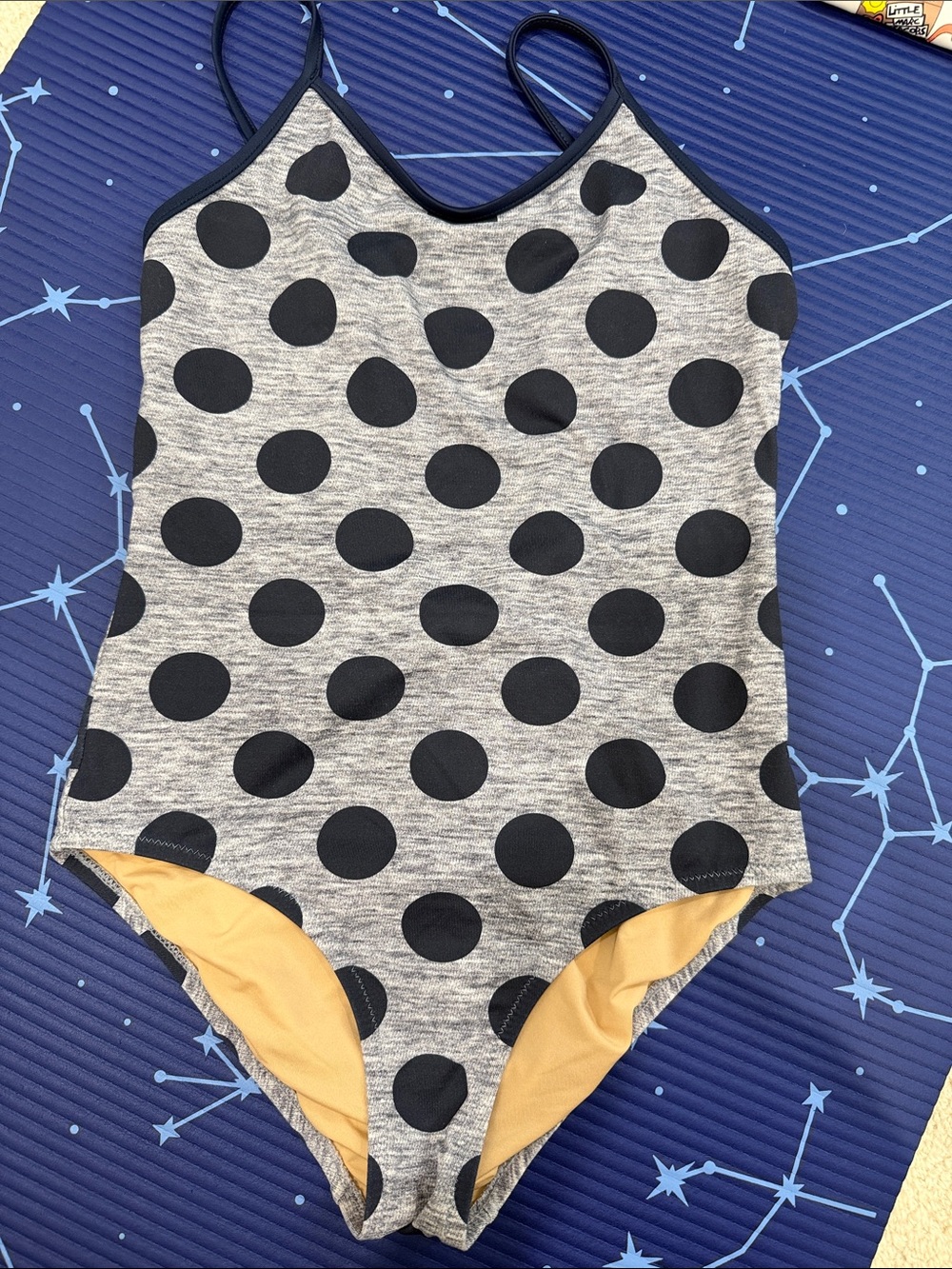 Crewcuts Gray Polka Dot One-Piece Swimsuit with Black Dots and Yellow Lining